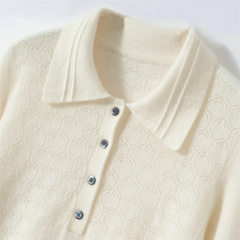 100% Cashmere, Custom Hollow Knit Sweater Women - Polo Collar Pullover FW 2025, 14–15.5µm, Womenswear — detail view 5