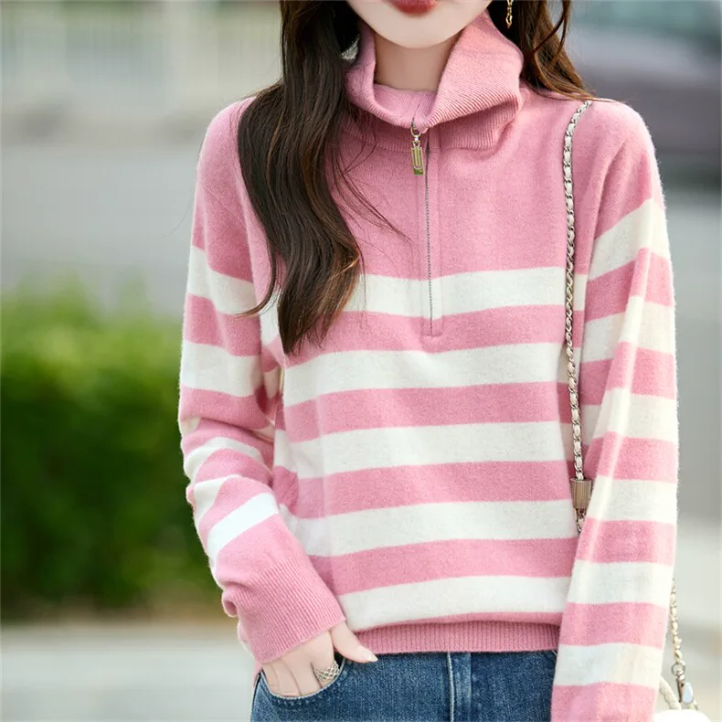 Custom Stripe Wool Sweater Women - Half-Button Henley Knit Pullover — Cashmere Sweaters & Knitwear, 100% Wool