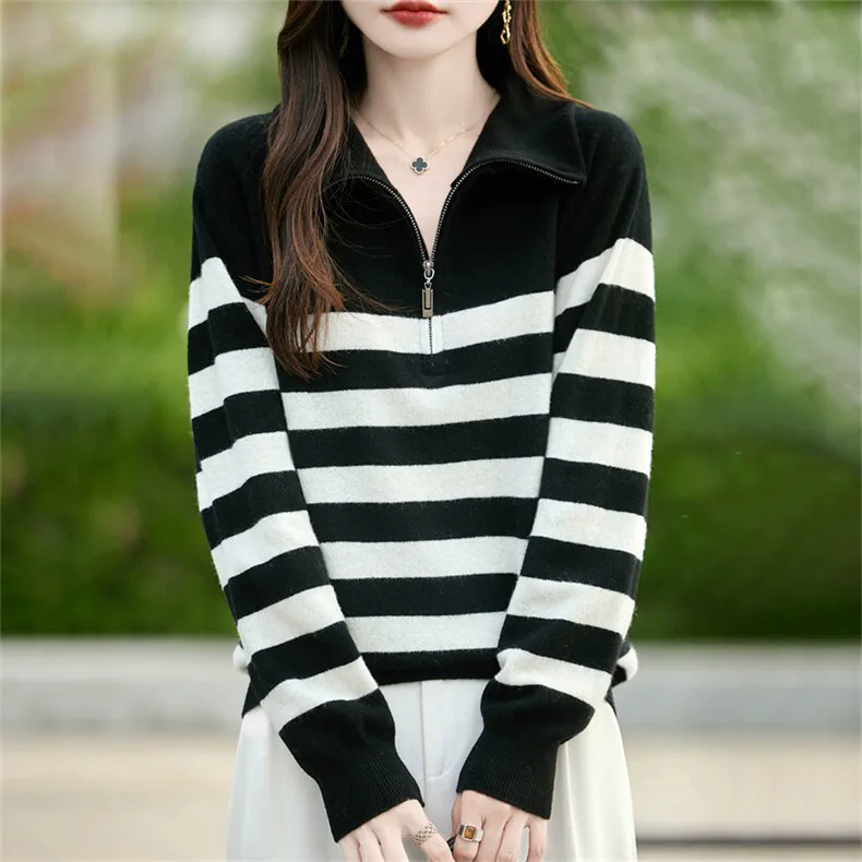 100% Wool, Custom Stripe Wool Sweater Women - Half-Button Henley Knit Pullover, 14–15.5µm, Womenswear — detail view 2