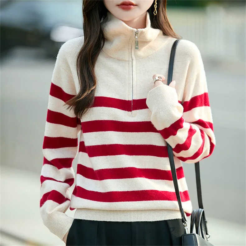 100% Wool, Custom Stripe Wool Sweater Women - Half-Button Henley Knit Pullover, 14–15.5µm, Womenswear — detail view 3