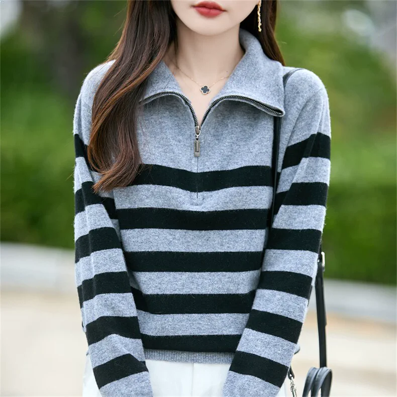 100% Wool, Custom Stripe Wool Sweater Women - Half-Button Henley Knit Pullover, 14–15.5µm, Womenswear — detail view 4