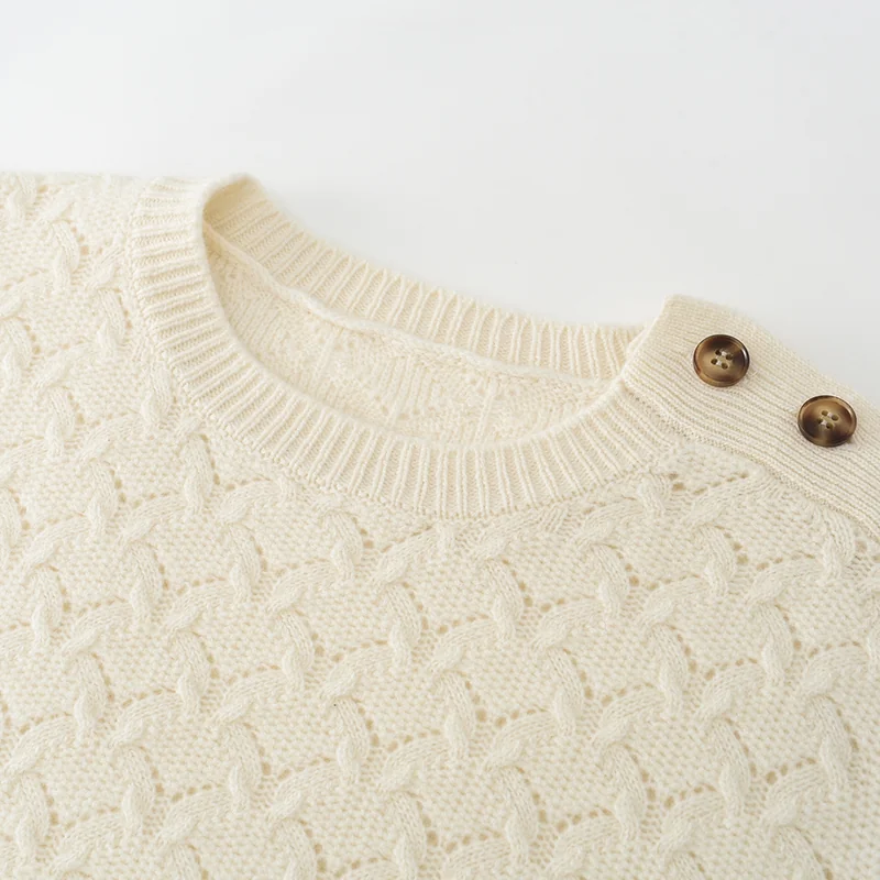 100% Cashmere, Cashmere pointelle shoulder-button crew-neck pullover, 14–15.5µm, Cashmere Garment — detail view 6