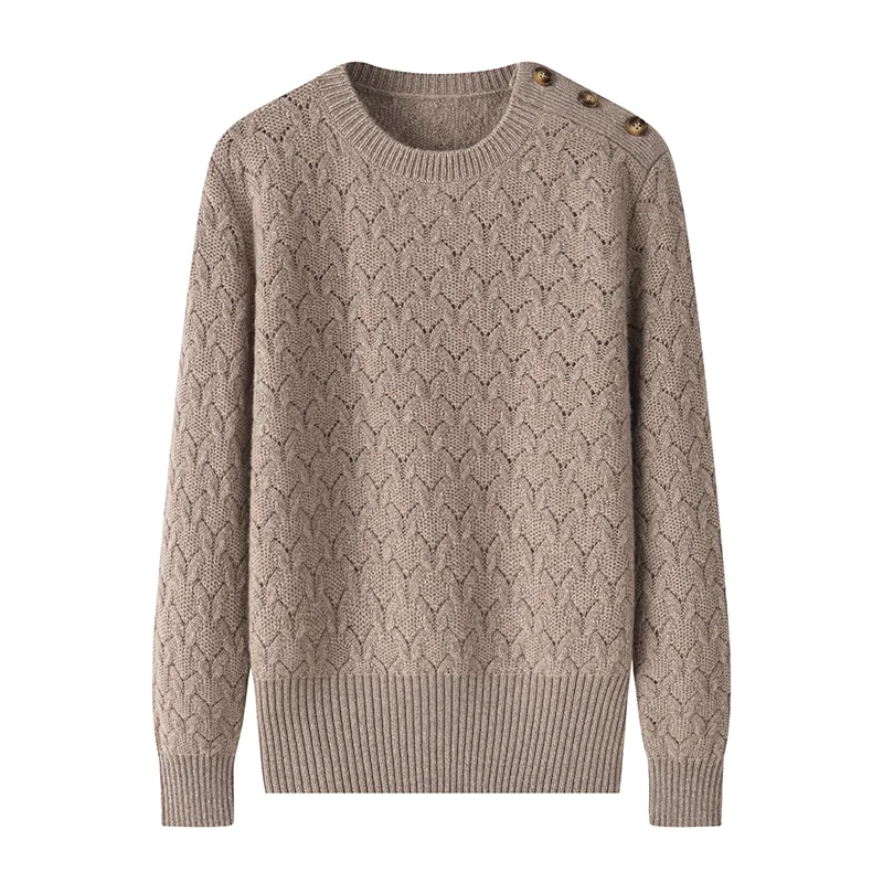 100% Cashmere, Cashmere pointelle shoulder-button crew-neck pullover, 14–15.5µm, Cashmere Garment — detail view 7