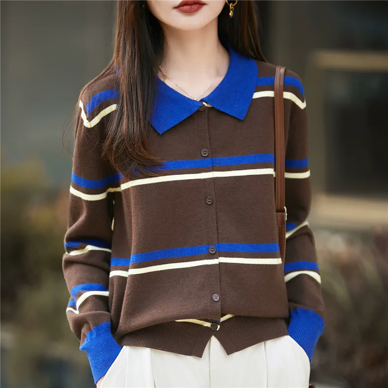 Custom Stripe Color-Block Cardigan Women - Polo Collar Knit Sweater FW 2025 — Cashmere Sweaters & Knitwear, 100% Cashmere
