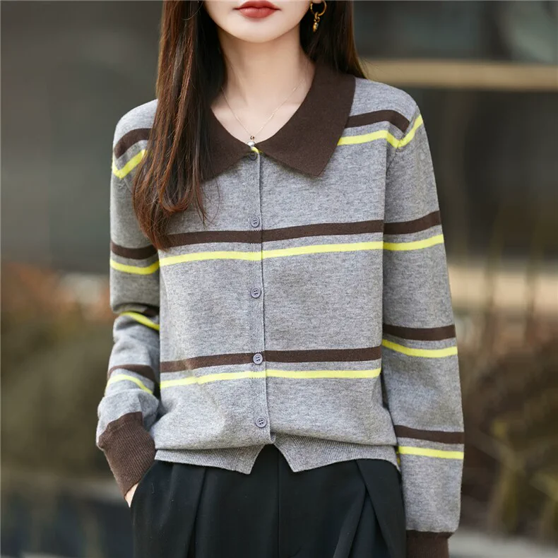 100% Cashmere, Custom Stripe Color-Block Cardigan Women - Polo Collar Knit Sweater FW 2025, 14–15.5µm, Womenswear — detail view 2