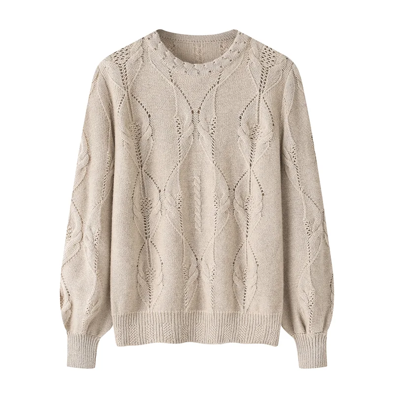 100% Cashmere, Cashmere pointelle open-knit crew-neck pullover, 14–15.5µm, Cashmere Garment — detail view 3