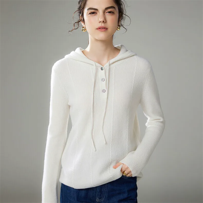 Custom Cable Knit Cashmere Hoodie Women - Jacquard Button Pullover FW 2025 — Cashmere Sweaters & Knitwear, 100% Cashmere