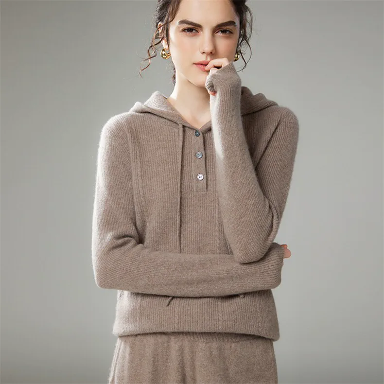100% Cashmere, Custom Cable Knit Cashmere Hoodie Women - Jacquard Button Pullover FW 2025, 14–15.5µm, Womenswear — detail view 2