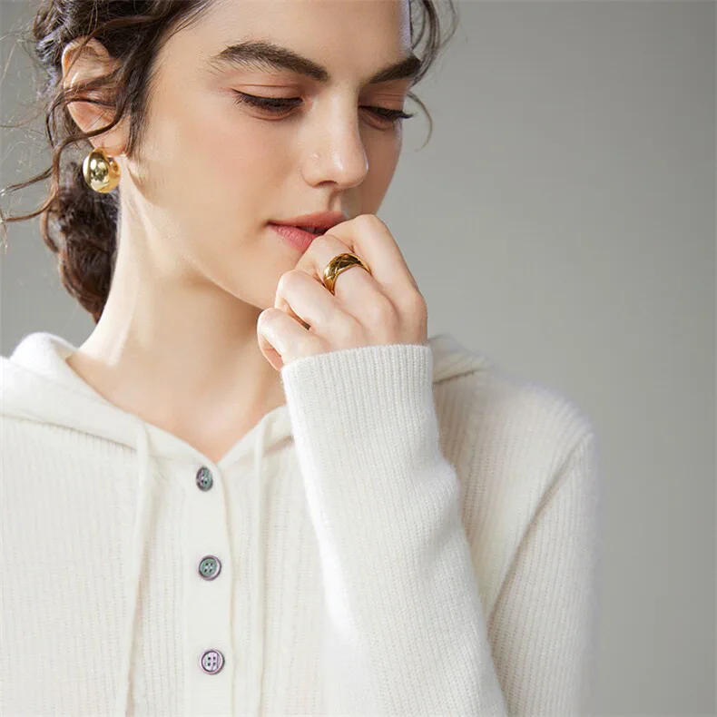 100% Cashmere, Custom Cable Knit Cashmere Hoodie Women - Jacquard Button Pullover FW 2025, 14–15.5µm, Womenswear — detail view 3