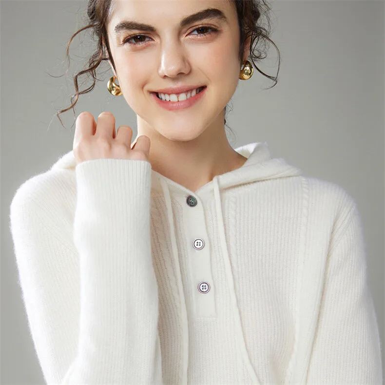 100% Cashmere, Custom Cable Knit Cashmere Hoodie Women - Jacquard Button Pullover FW 2025, 14–15.5µm, Womenswear — detail view 4