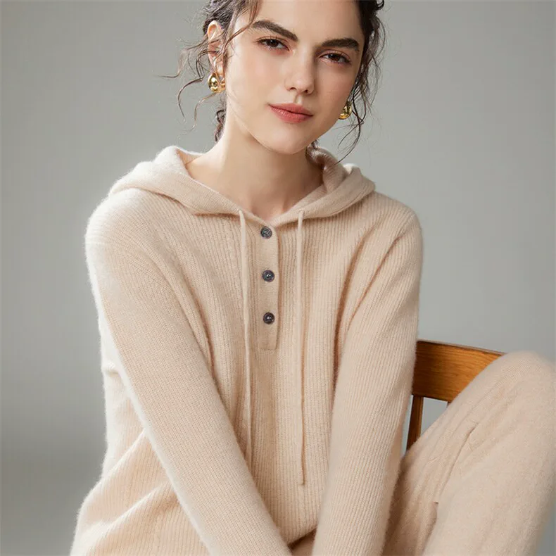 100% Cashmere, Custom Cable Knit Cashmere Hoodie Women - Jacquard Button Pullover FW 2025, 14–15.5µm, Womenswear — detail view 5