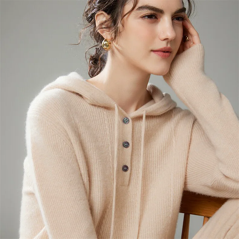 100% Cashmere, Custom Cable Knit Cashmere Hoodie Women - Jacquard Button Pullover FW 2025, 14–15.5µm, Womenswear — detail view 6