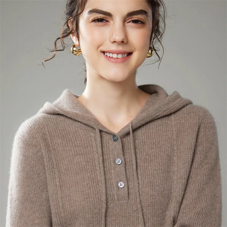 100% Cashmere, Custom Cable Knit Cashmere Hoodie Women - Jacquard Button Pullover FW 2025, 14–15.5µm, Womenswear — detail view 7