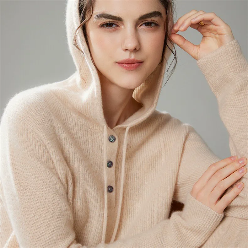 100% Cashmere, Custom Cable Knit Cashmere Hoodie Women - Jacquard Button Pullover FW 2025, 14–15.5µm, Womenswear — detail view 8