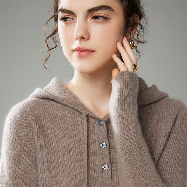 100% Cashmere, Custom Cable Knit Cashmere Hoodie Women - Jacquard Button Pullover FW 2025, 14–15.5µm, Womenswear — detail view 9