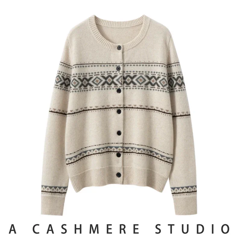 100% Cashmere, Custom Cashmere Jacquard Cardigan Women - Crew Neck Button-Front Sweater Wholesale FW 2025, 14–15.5µm, Womenswear