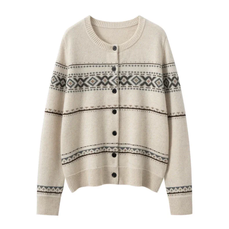 100% Cashmere, Custom Cashmere Jacquard Cardigan Women - Crew Neck Button-Front Sweater Wholesale FW 2025, 14–15.5µm, Womenswear — detail view 3