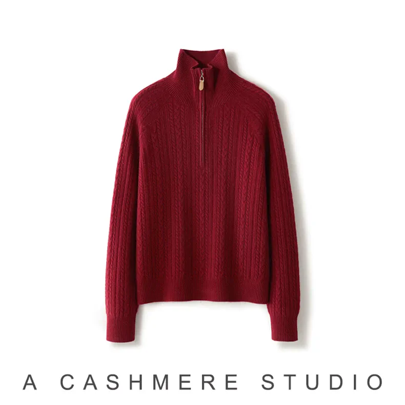 100% Cashmere, Custom Cashmere Mock Neck Cable Knit Sweater Women - Heavy Pullover Wholesale FW 2025, 14–15.5µm, Womenswear — detail view 2