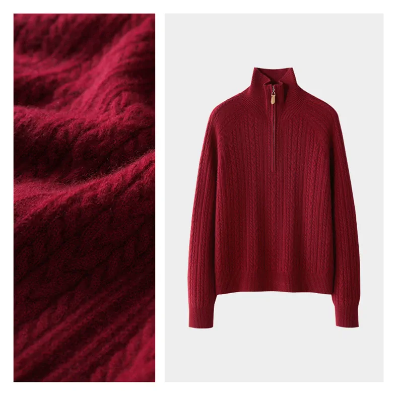 100% Cashmere, Custom Cashmere Mock Neck Cable Knit Sweater Women - Heavy Pullover Wholesale FW 2025, 14–15.5µm, Womenswear — detail view 3