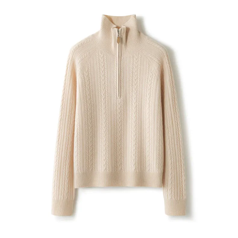100% Cashmere, Custom Cashmere Mock Neck Cable Knit Sweater Women - Heavy Pullover Wholesale FW 2025, 14–15.5µm, Womenswear — detail view 5
