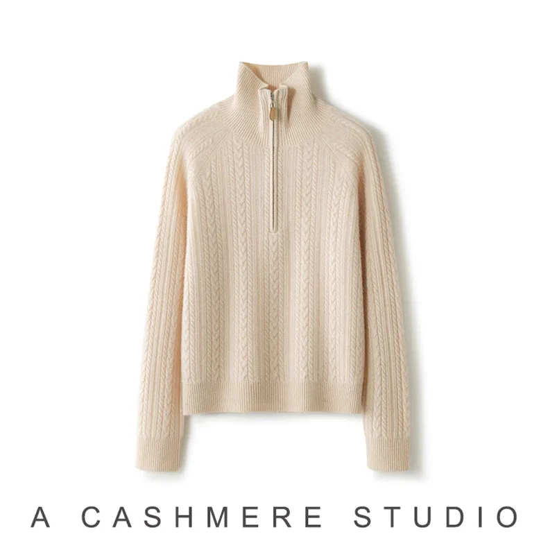 100% Cashmere, Custom Cashmere Mock Neck Cable Knit Sweater Women - Heavy Pullover Wholesale FW 2025, 14–15.5µm, Womenswear — detail view 6