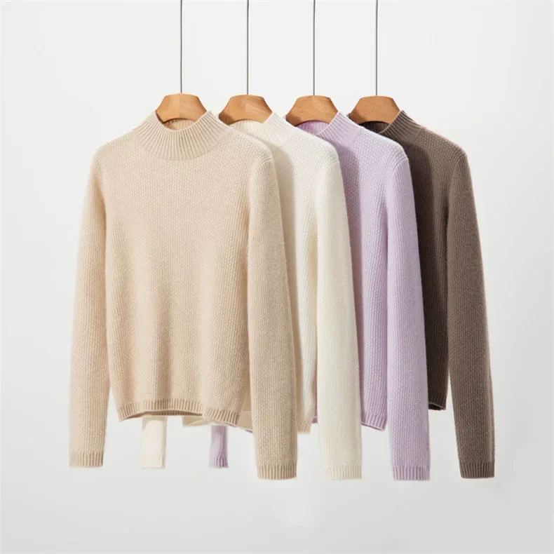 100% Cashmere, Custom Cashmere Mock Neck Sweater Women - Half Turtleneck Pullover Wholesale FW 2025, 14–15.5µm, Women / Womenswear — detail view 3