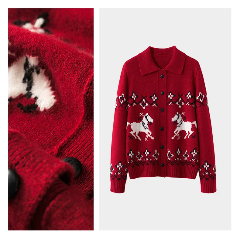 100% Cashmere, Custom Cashmere Jacquard Cardigan Women - Patterned Knit Sweater Wholesale FW 2025, 14–15.5µm, Womenswear — detail view 2