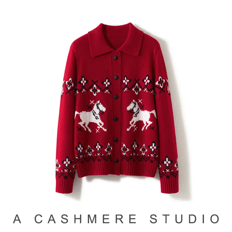 100% Cashmere, Custom Cashmere Jacquard Cardigan Women - Patterned Knit Sweater Wholesale FW 2025, 14–15.5µm, Womenswear — detail view 8