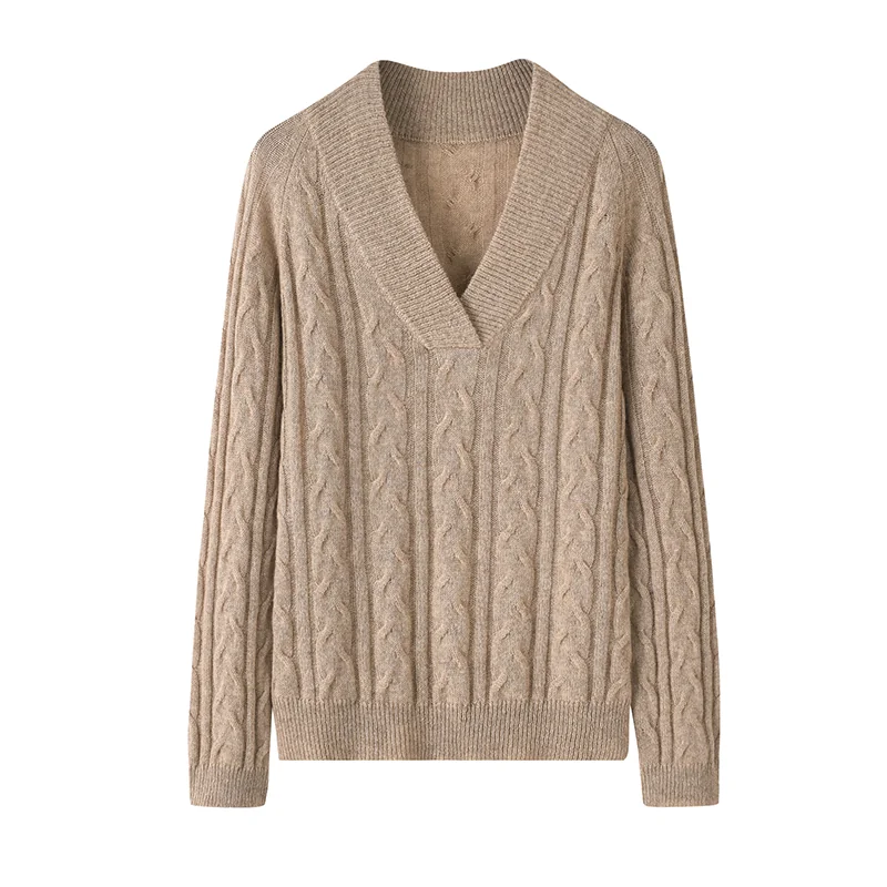 100% Cashmere, Cashmere chunky cable V-neck pullover, 14–15.5µm, Cashmere Garment — detail view 3
