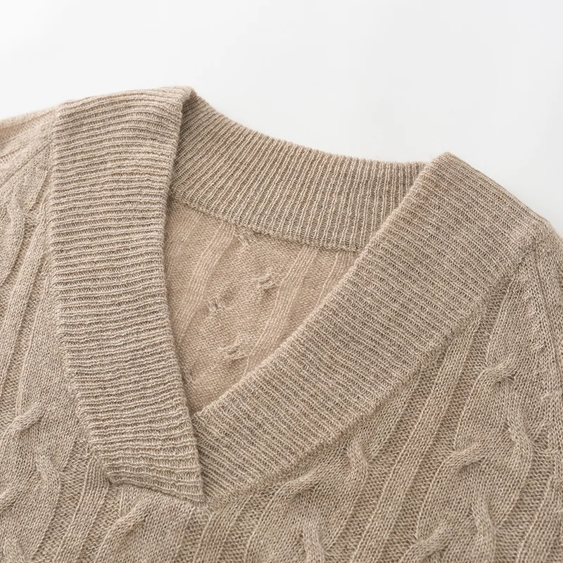 100% Cashmere, Cashmere chunky cable V-neck pullover, 14–15.5µm, Cashmere Garment — detail view 6