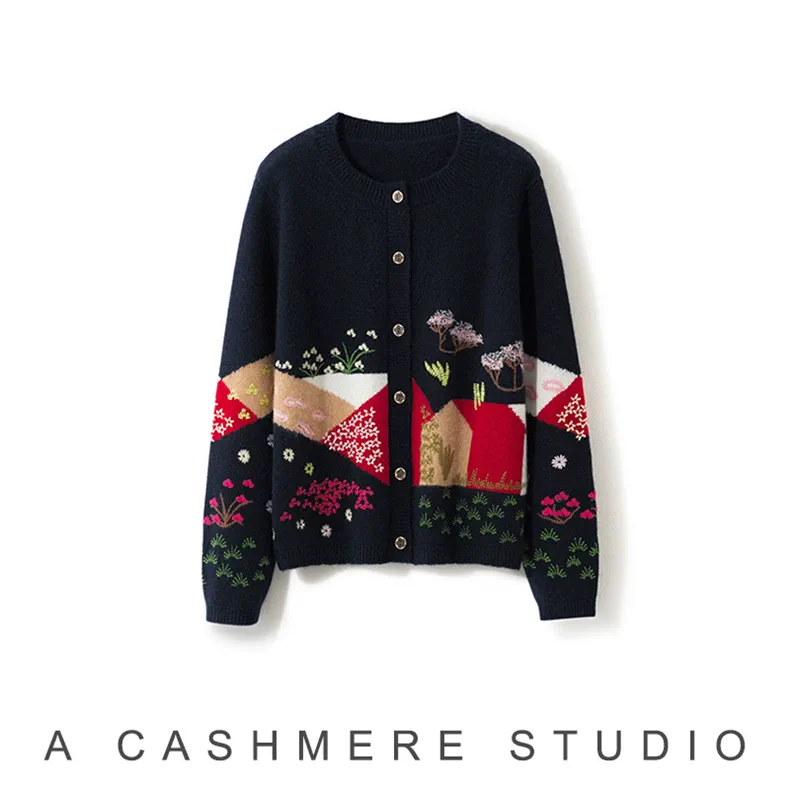 Custom Cashmere Embroidered Cardigan Women - Floral Knit Sweater Wholesale FW 2025
