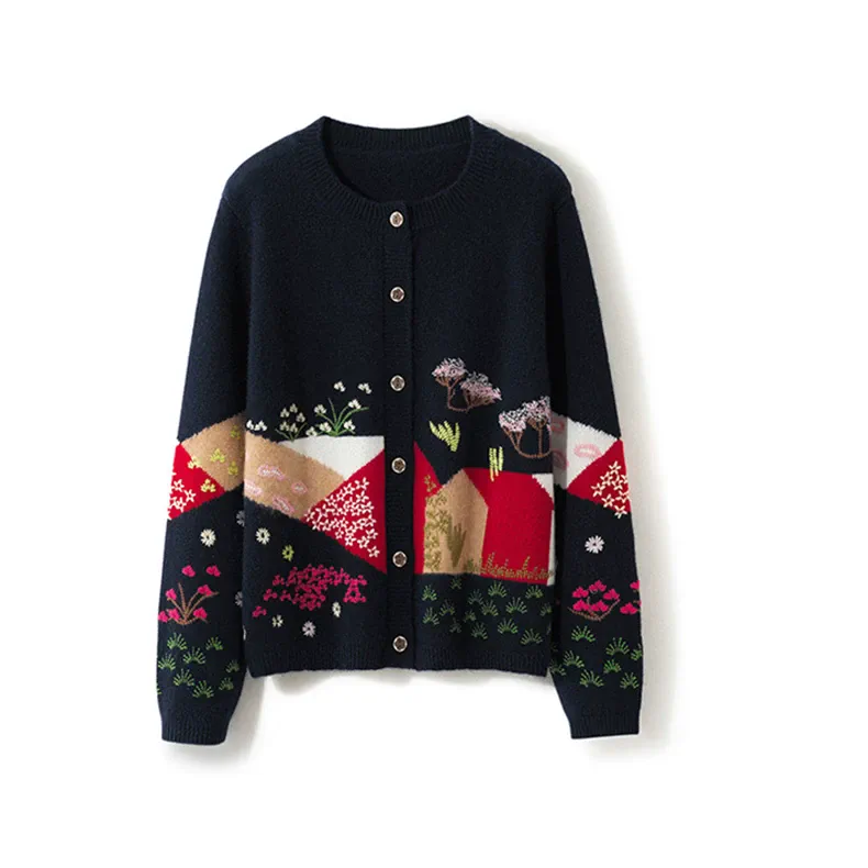 100% Cashmere, Custom Cashmere Embroidered Cardigan Women - Floral Knit Sweater Wholesale FW 2025, 14–15.5µm — detail view 7