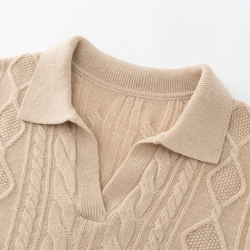 100% Cashmere, Cashmere polo-collar pointelle pullover, 14–15.5µm, Cashmere Garment — detail view 6