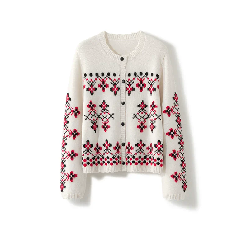 100% Cashmere, Custom Cashmere Snowflake Christmas Cardigan Women - Holiday Knit Sweater Wholesale FW 2025, 14–15.5µm, Womenswear — detail view 3
