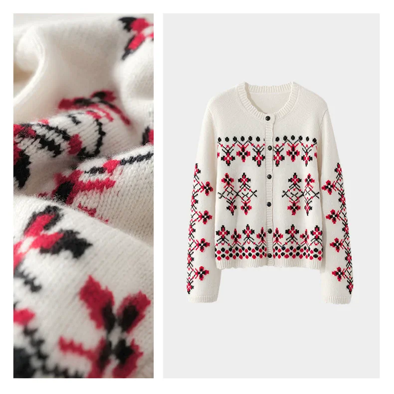 100% Cashmere, Custom Cashmere Snowflake Christmas Cardigan Women - Holiday Knit Sweater Wholesale FW 2025, 14–15.5µm, Womenswear — detail view 6