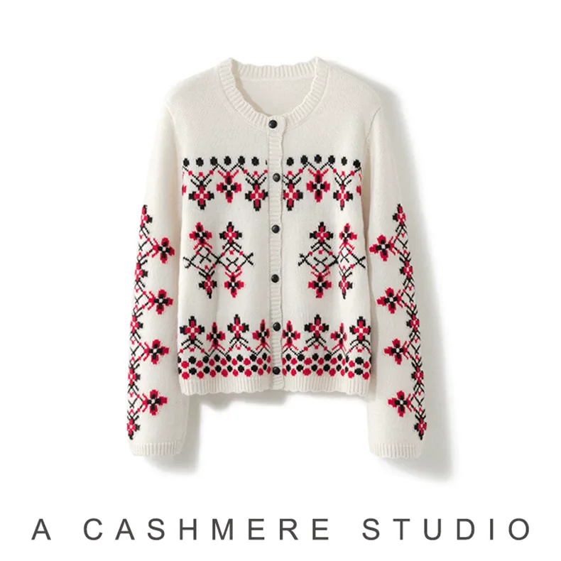100% Cashmere, Custom Cashmere Snowflake Christmas Cardigan Women - Holiday Knit Sweater Wholesale FW 2025, 14–15.5µm, Womenswear — detail view 9