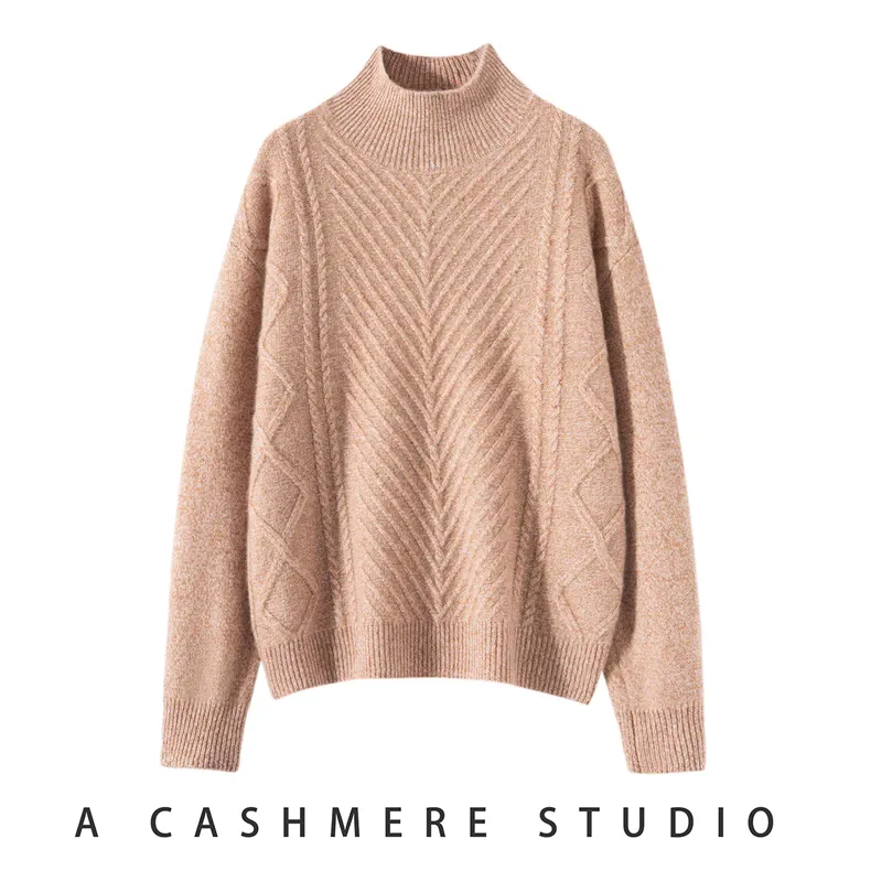 100% Cashmere, Custom Cashmere 7gg Argyle Space-Dye Sweater Women - Mock Neck Pullover Wholesale FW 2025, 14–15.5µm, Womenswear