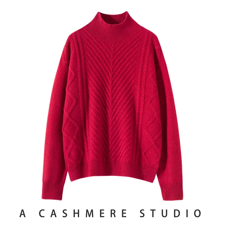 100% Cashmere, Custom Cashmere 7gg Argyle Space-Dye Sweater Women - Mock Neck Pullover Wholesale FW 2025, 14–15.5µm, Womenswear — detail view 2